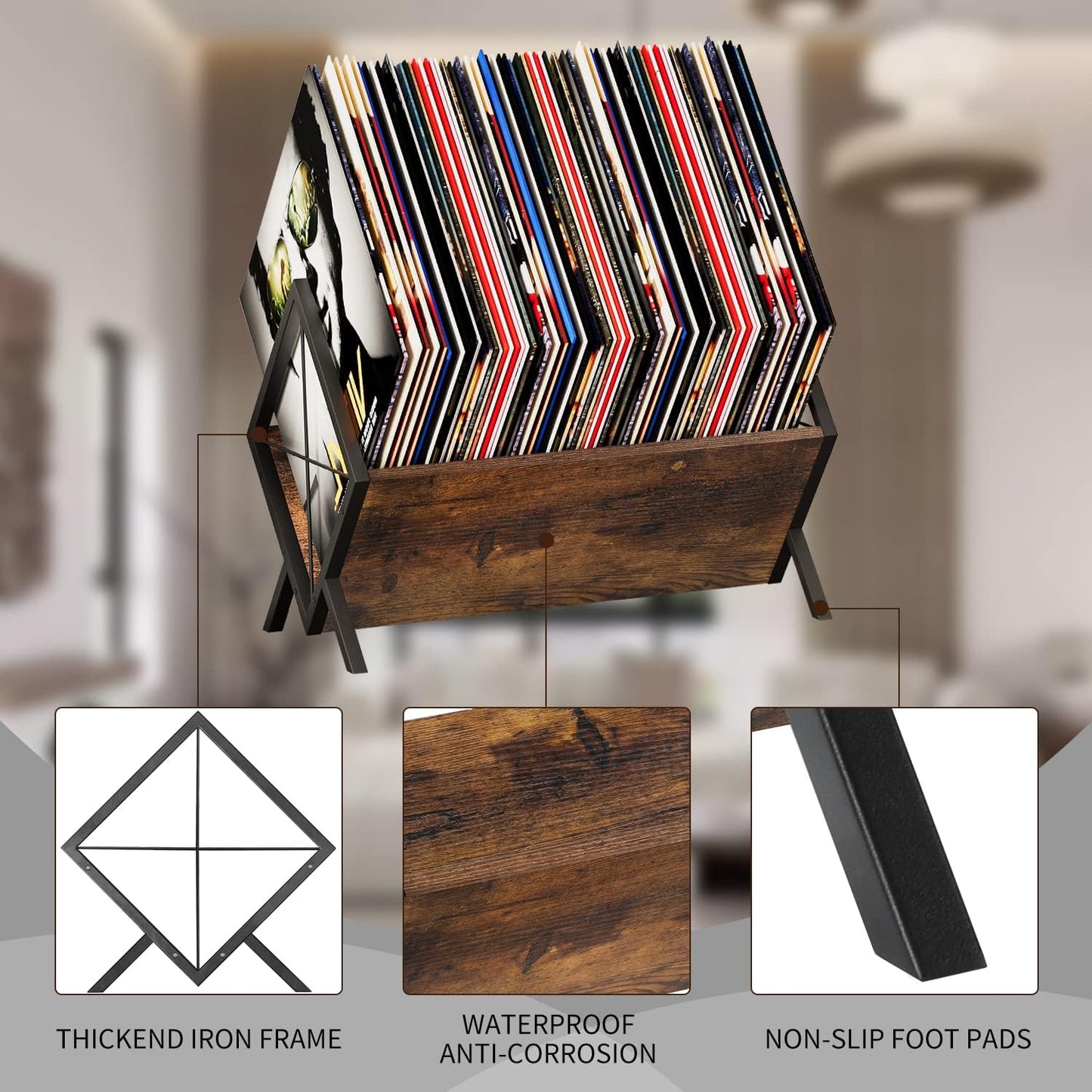 Vinyl Record Holder, 80-100 LP Vinyl Record Storage Rack, Quick Assembly Vinyl Record Display, Retro Style Organizer for Magazine, Book, Files, Albums (Rustic Brown, 1 Tier)