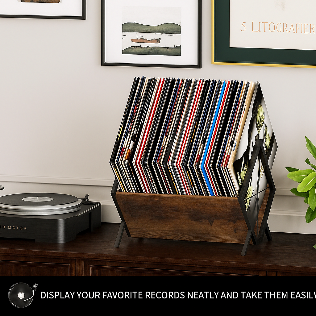 Vinyl Record Holder, 80-100 LP Vinyl Record Storage Rack, Quick Assembly Vinyl Record Display, Retro Style Organizer for Magazine, Book, Files, Albums (Rustic Brown, 1 Tier)