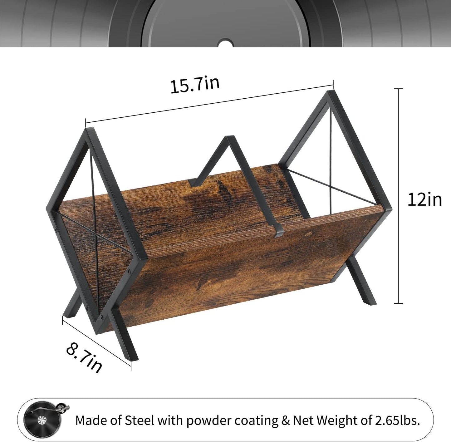 Vinyl Record Holder, 80-100 LP Vinyl Record Storage Rack, Quick Assembly Vinyl Record Display, Retro Style Organizer for Magazine, Book, Files, Albums (Rustic Brown, 1 Tier)