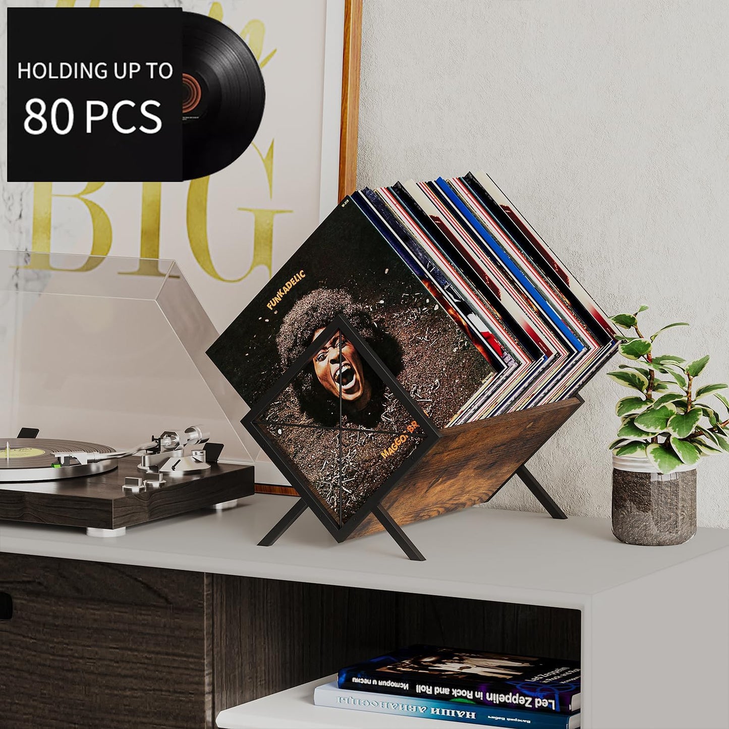 Vinyl Record Holder, 80-100 LP Vinyl Record Storage Rack, Quick Assembly Vinyl Record Display, Retro Style Organizer for Magazine, Book, Files, Albums (Rustic Brown, 1 Tier)