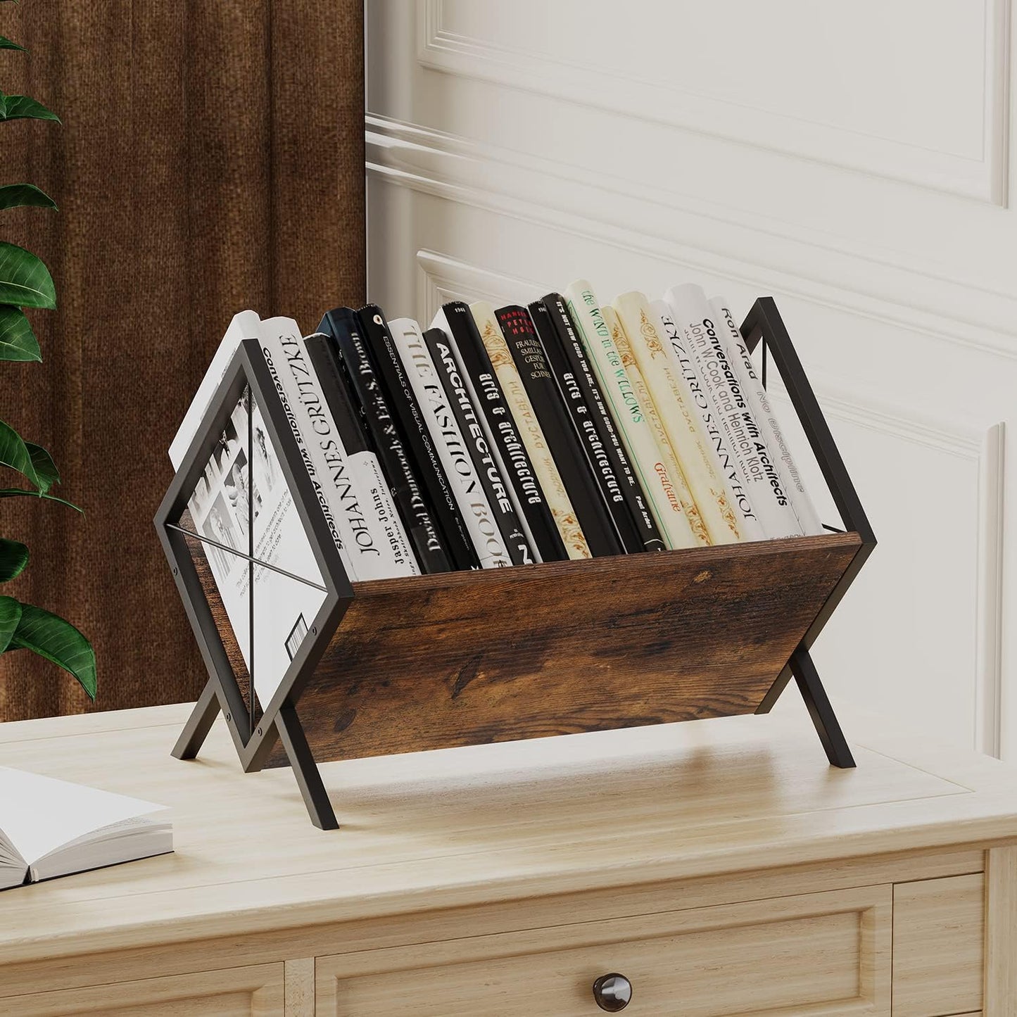 Vinyl Record Holder, 80-100 LP Vinyl Record Storage Rack, Quick Assembly Vinyl Record Display, Retro Style Organizer for Magazine, Book, Files, Albums (Rustic Brown, 1 Tier)