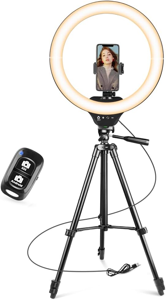 10'' Ring Light with 50'' Extendable Tripod Stand, LED Circle Lights with Phone Holder for Live Stream/Makeup/Youtube Video/Tiktok, Compatible with All Phones