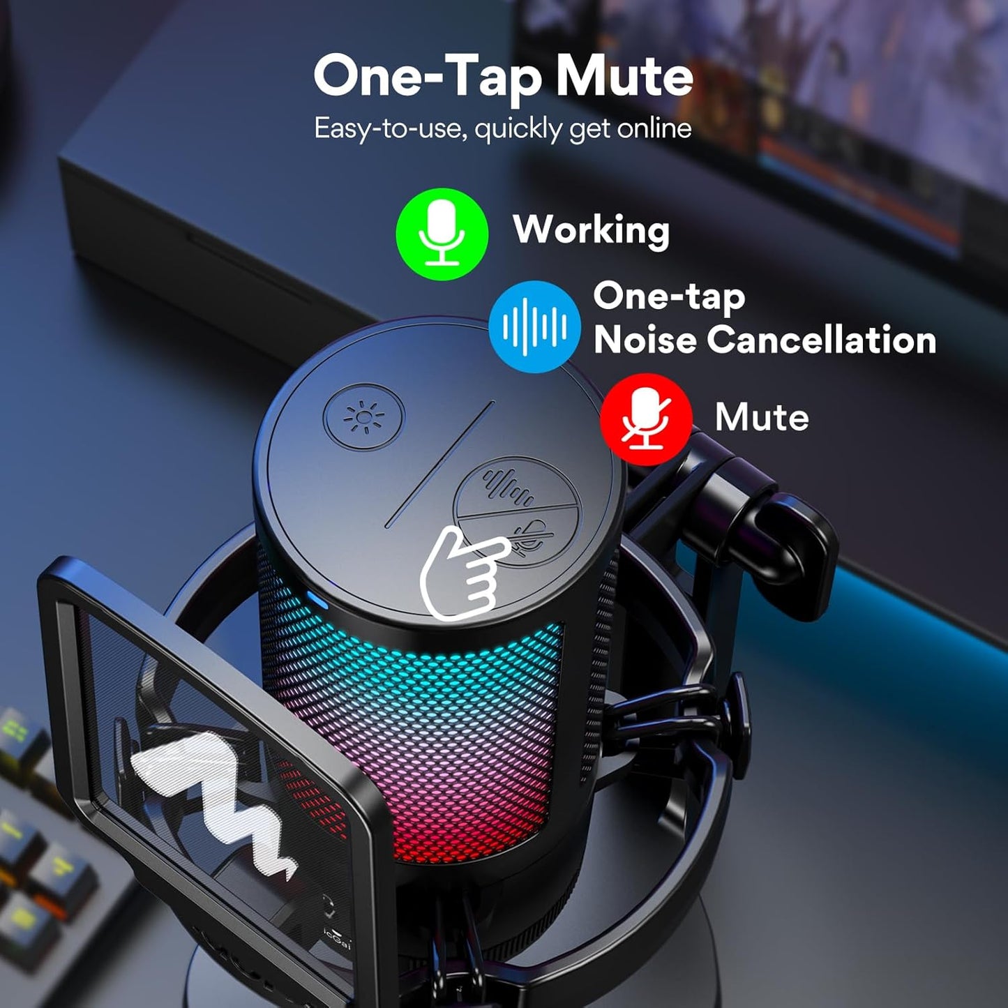 USB Gaming Microphone for PC, Noise Cancellation Condenser Mic with RGB Lights, Mute, Gain for Streaming, Recording, Podcast, Chat, Twitch, Youtube, Discord, Computer, PS5, PS4, Gamerwave