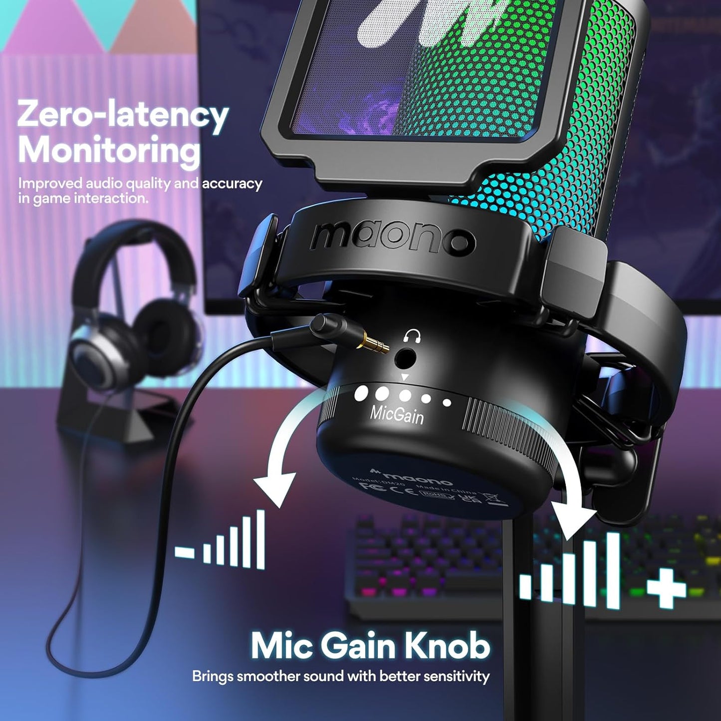 USB Gaming Microphone for PC, Noise Cancellation Condenser Mic with RGB Lights, Mute, Gain for Streaming, Recording, Podcast, Chat, Twitch, Youtube, Discord, Computer, PS5, PS4, Gamerwave