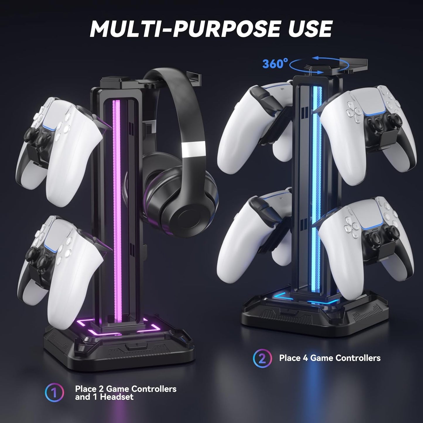 Headset Stand with 9 Light Modes - Detachable Controller Holder for Desk - Rotatable Headphone Stand & Controller Hook Hanger for PC Earphone Gaming Accessories