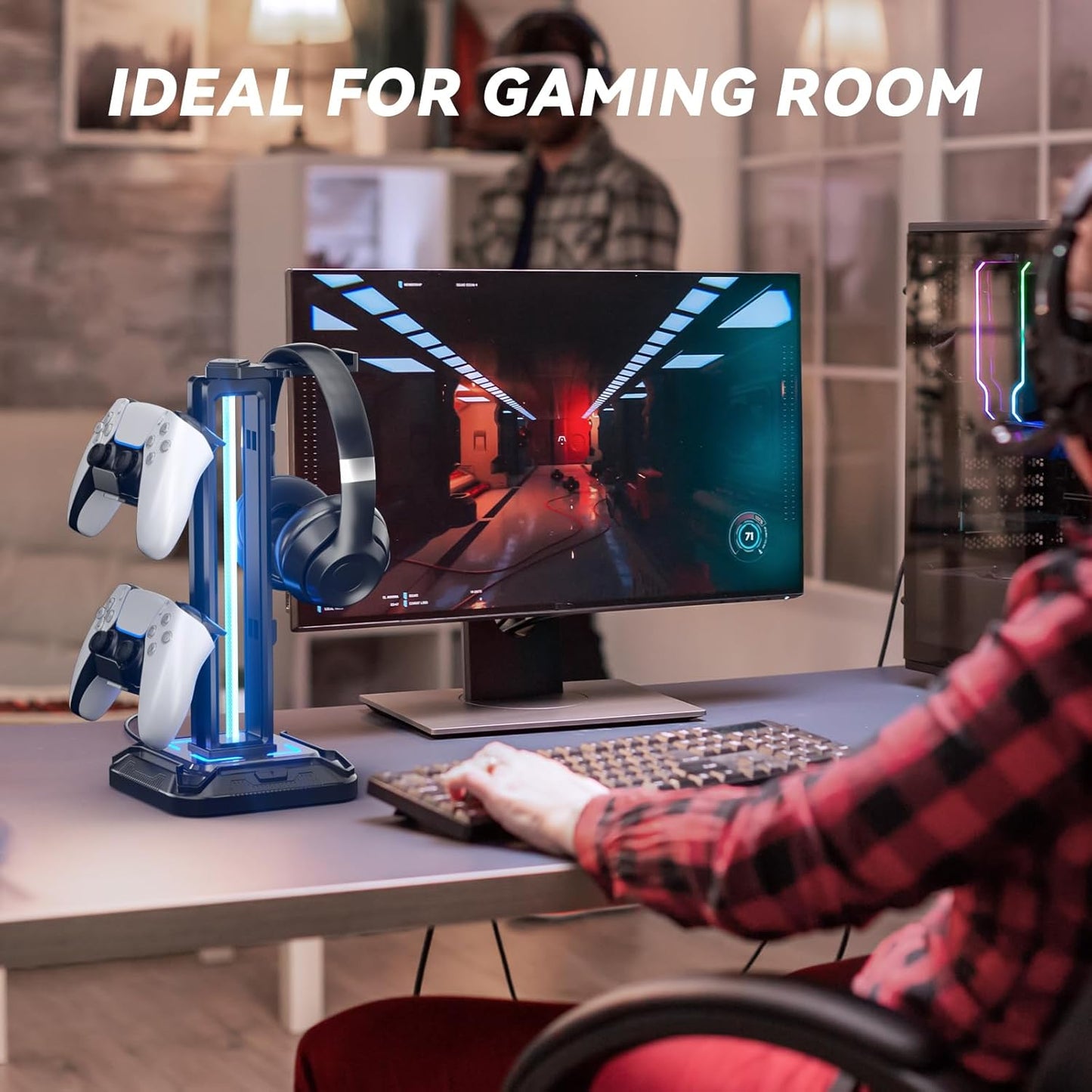 Headset Stand with 9 Light Modes - Detachable Controller Holder for Desk - Rotatable Headphone Stand & Controller Hook Hanger for PC Earphone Gaming Accessories