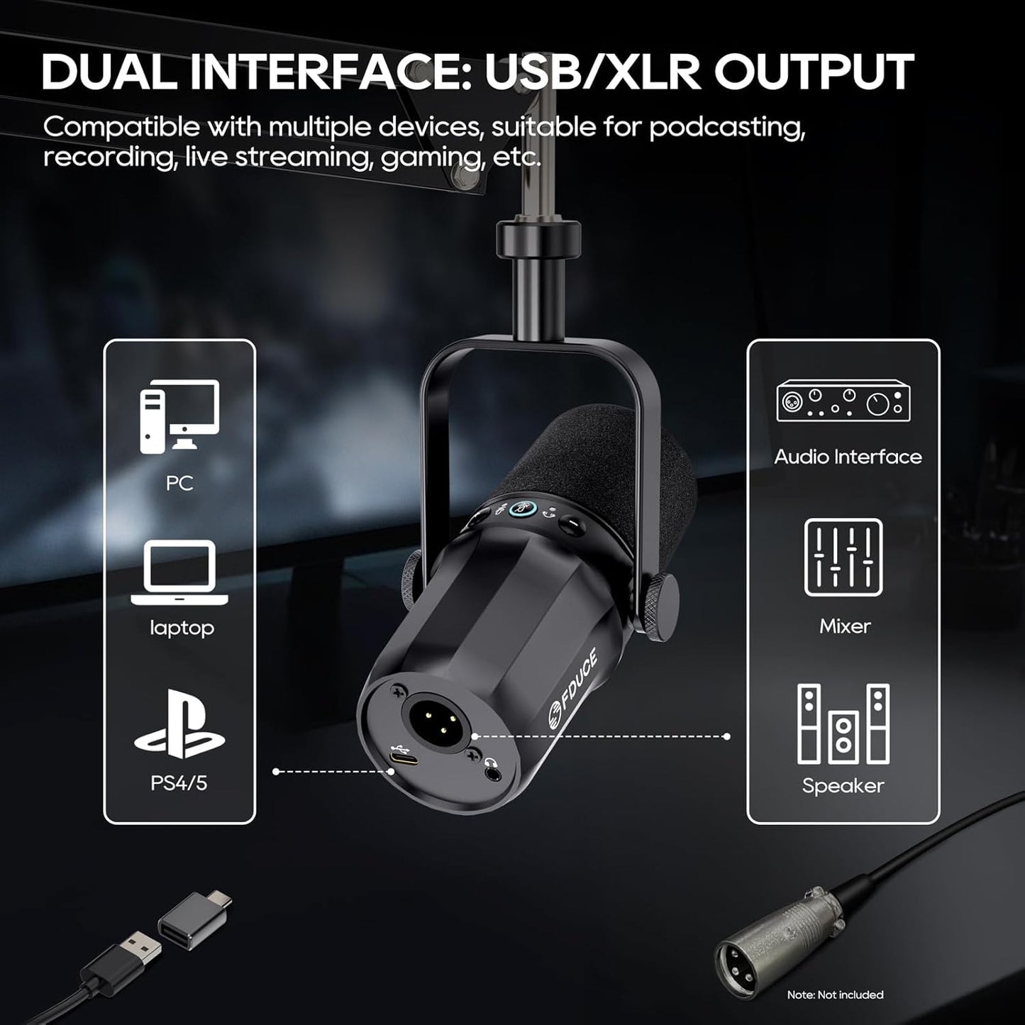 Dynamic Microphone, XLR/USB Podcast Recording PC Microphone for Vocal Voice-Over Streaming, Studio Metal Mic with Mute, Headphone Jack, Monitoring Volume Control, with Boom Arm (SL40+)