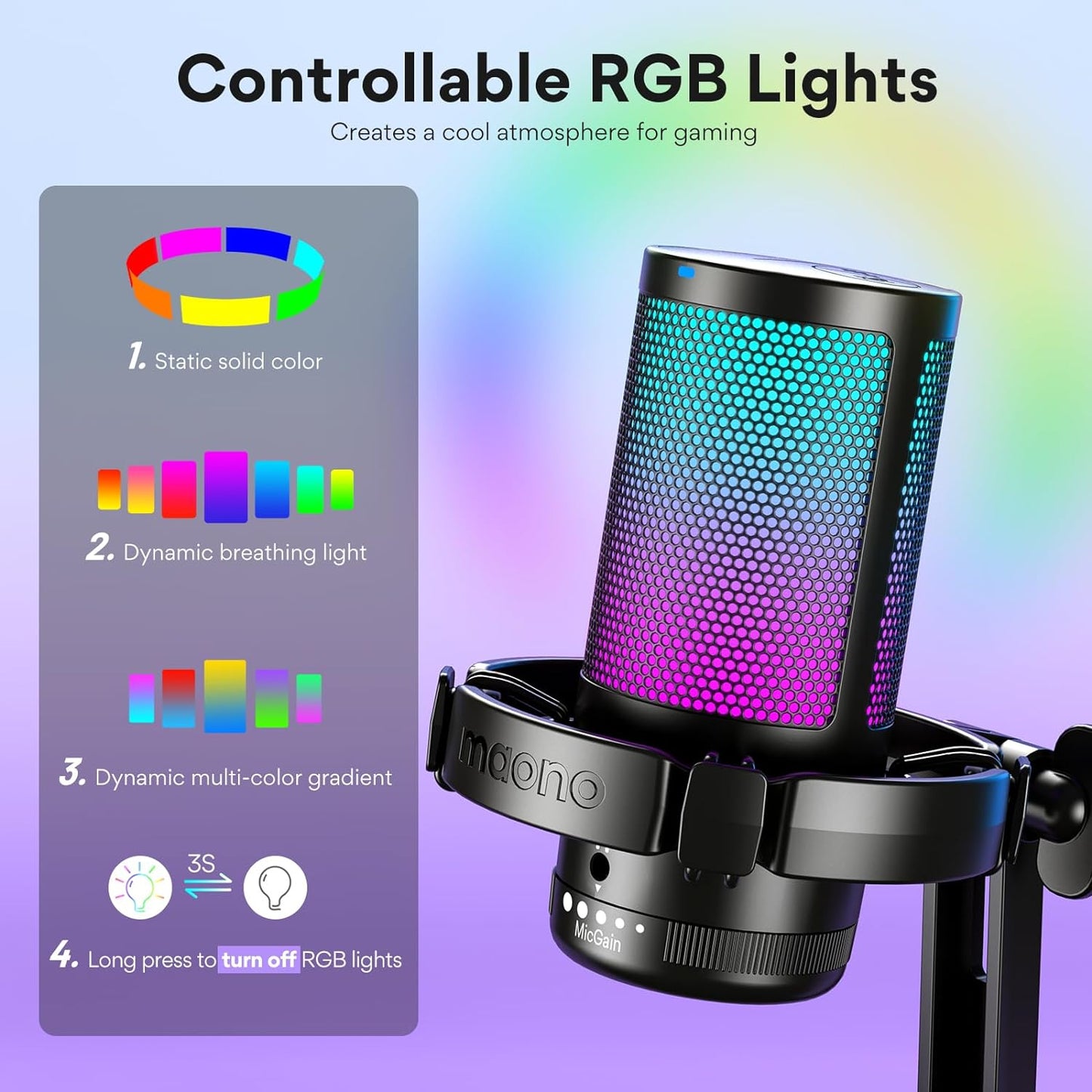 USB Gaming Microphone for PC, Noise Cancellation Condenser Mic with RGB Lights, Mute, Gain for Streaming, Recording, Podcast, Chat, Twitch, Youtube, Discord, Computer, PS5, PS4, Gamerwave