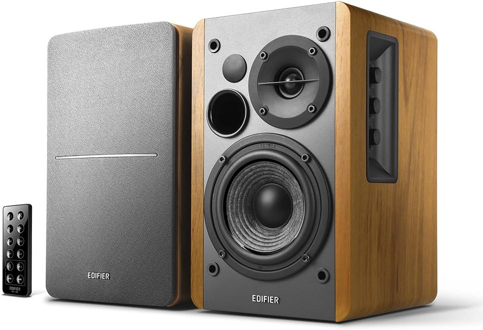 R1280DB Powered Bluetooth Bookshelf Speakers - Optical Input - Wireless Studio Monitors - 4 Inch near Field Speaker - 42W RMS - Wood Grain