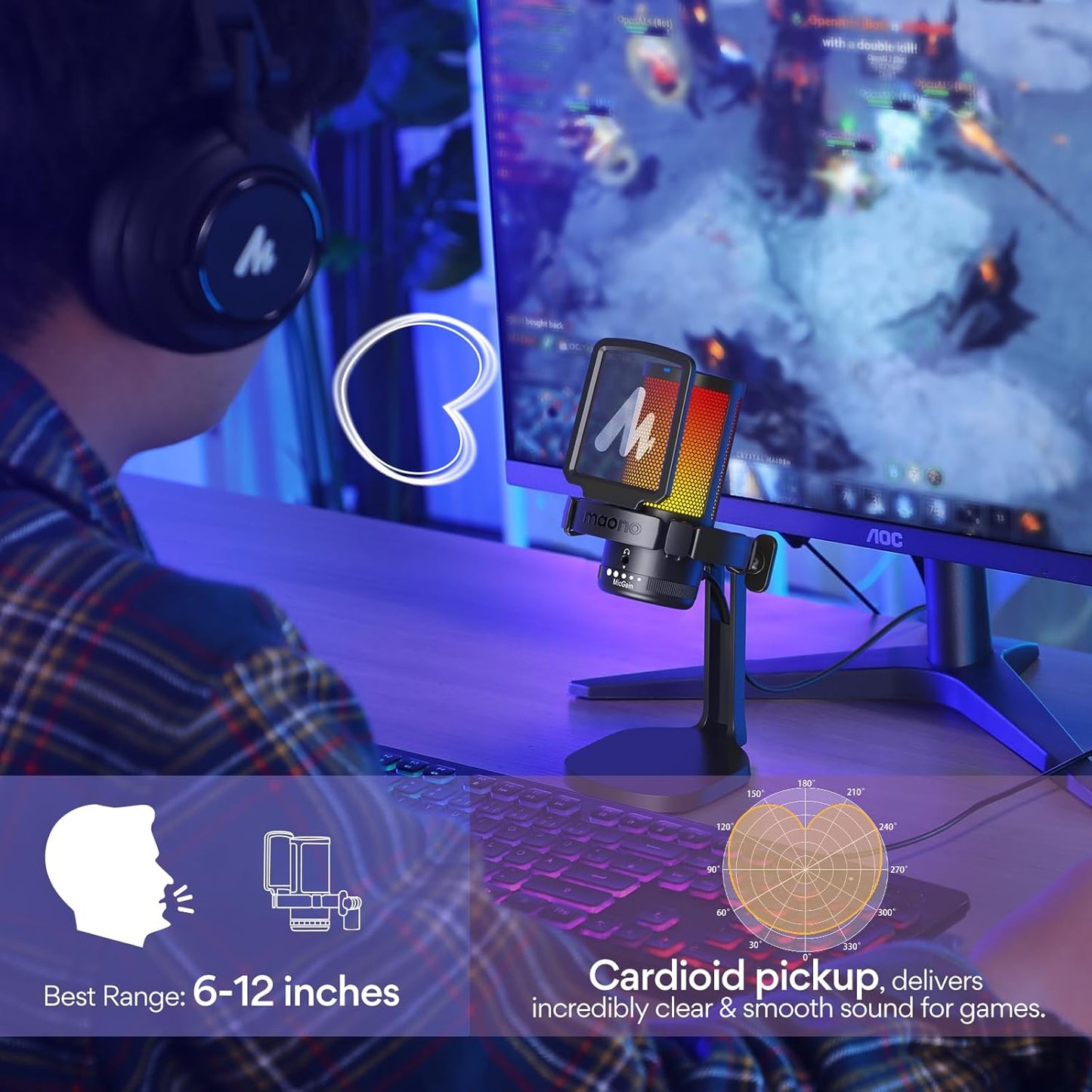 USB Gaming Microphone for PC, Noise Cancellation Condenser Mic with RGB Lights, Mute, Gain for Streaming, Recording, Podcast, Chat, Twitch, Youtube, Discord, Computer, PS5, PS4, Gamerwave