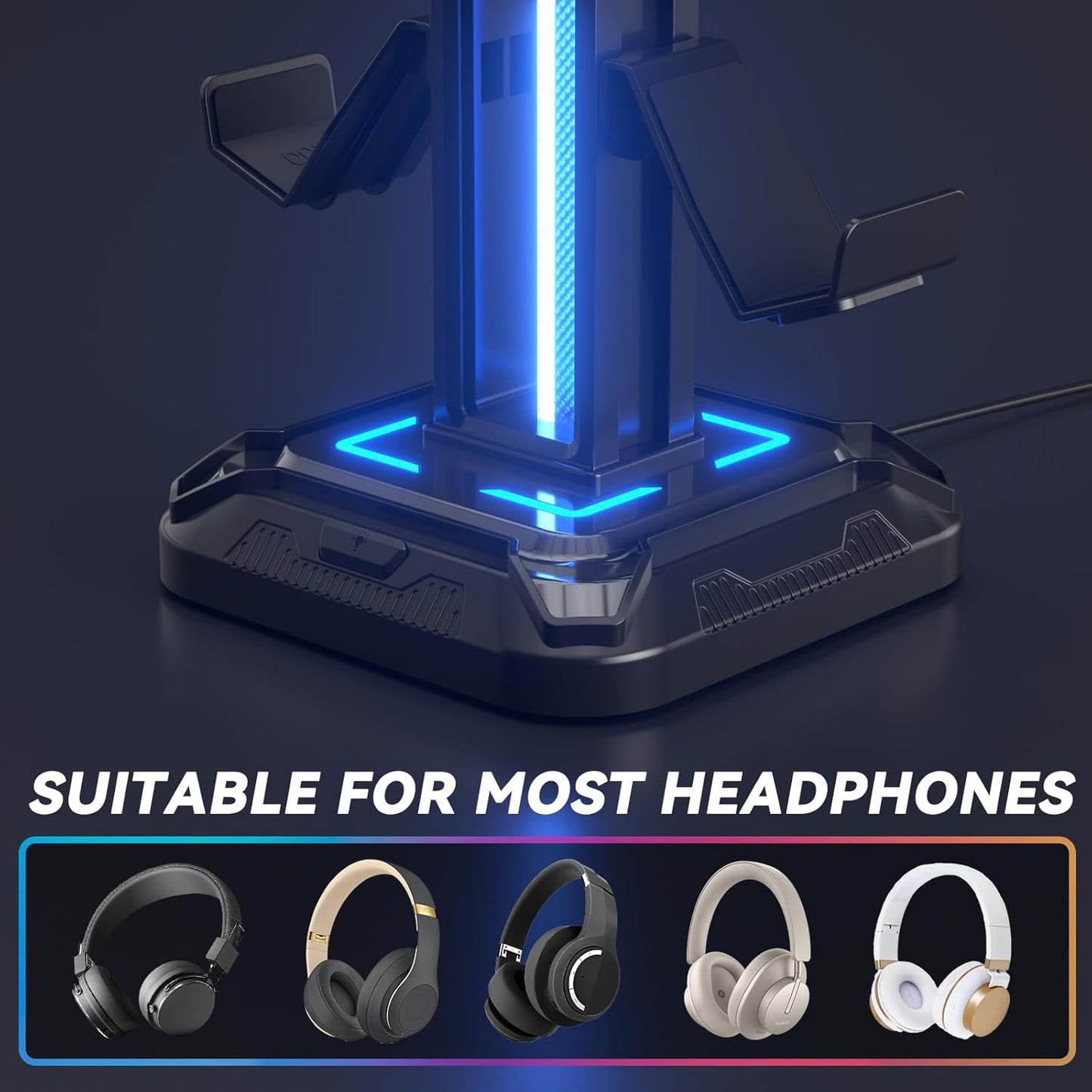 Headset Stand with 9 Light Modes - Detachable Controller Holder for Desk - Rotatable Headphone Stand & Controller Hook Hanger for PC Earphone Gaming Accessories