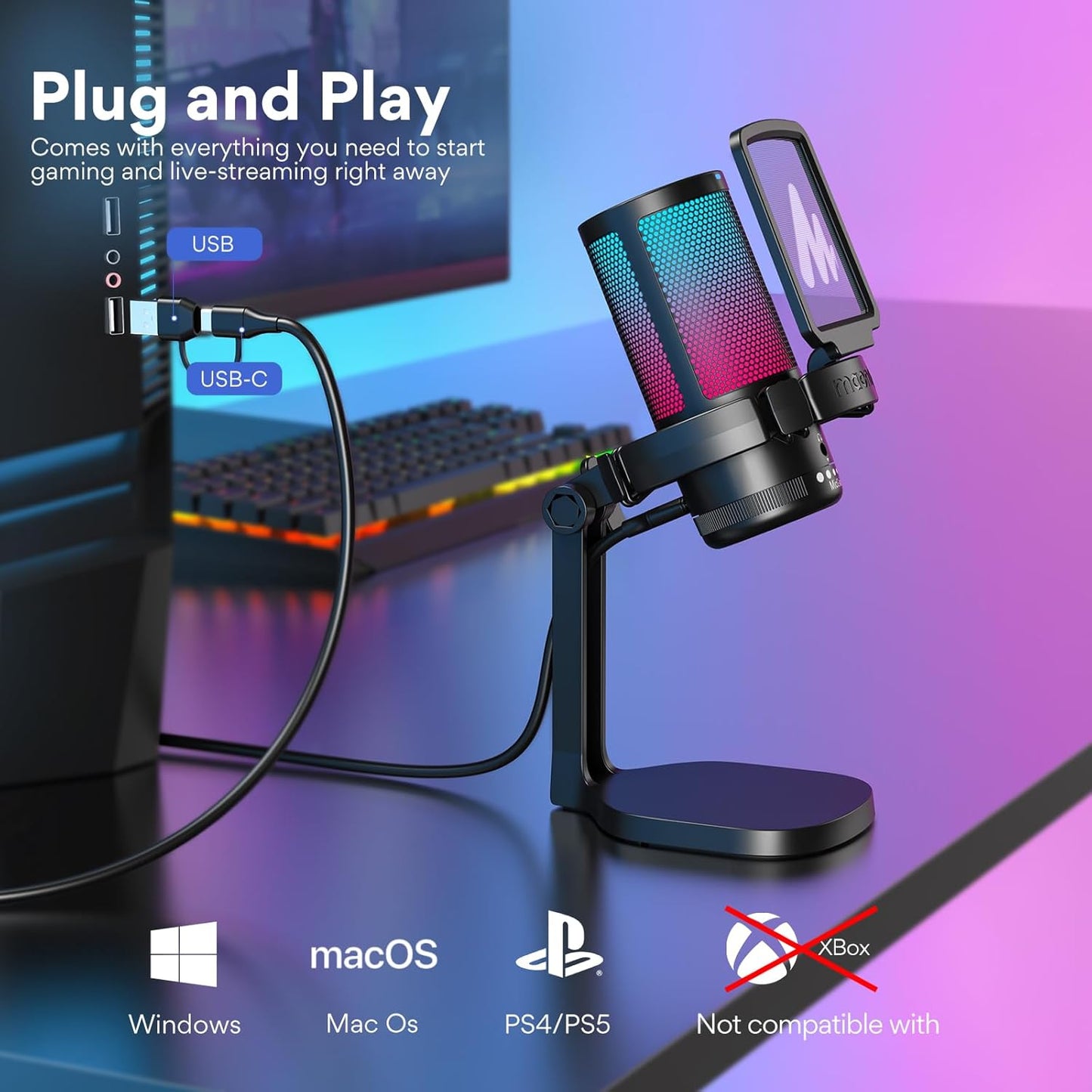 USB Gaming Microphone for PC, Noise Cancellation Condenser Mic with RGB Lights, Mute, Gain for Streaming, Recording, Podcast, Chat, Twitch, Youtube, Discord, Computer, PS5, PS4, Gamerwave
