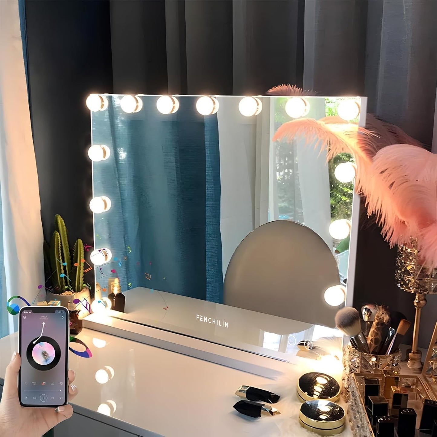 Vanity Mirror with Lights 32''X23'' Tempered Glass Large Hollywood Mirror with 18 Dimmable Bulbs for Makeup Table/Hanging Bluetooth Speaker Mirror with Touch Screen & USB Charge Port