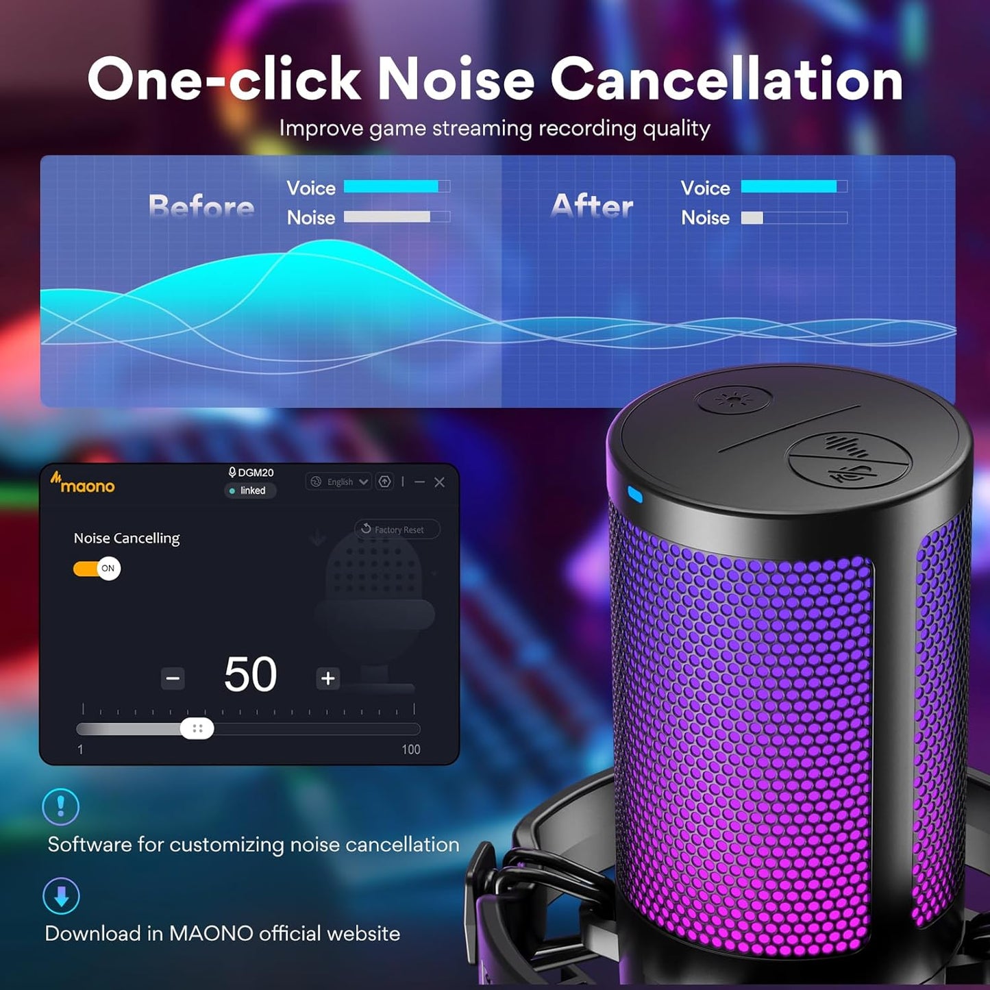USB Gaming Microphone for PC, Noise Cancellation Condenser Mic with RGB Lights, Mute, Gain for Streaming, Recording, Podcast, Chat, Twitch, Youtube, Discord, Computer, PS5, PS4, Gamerwave