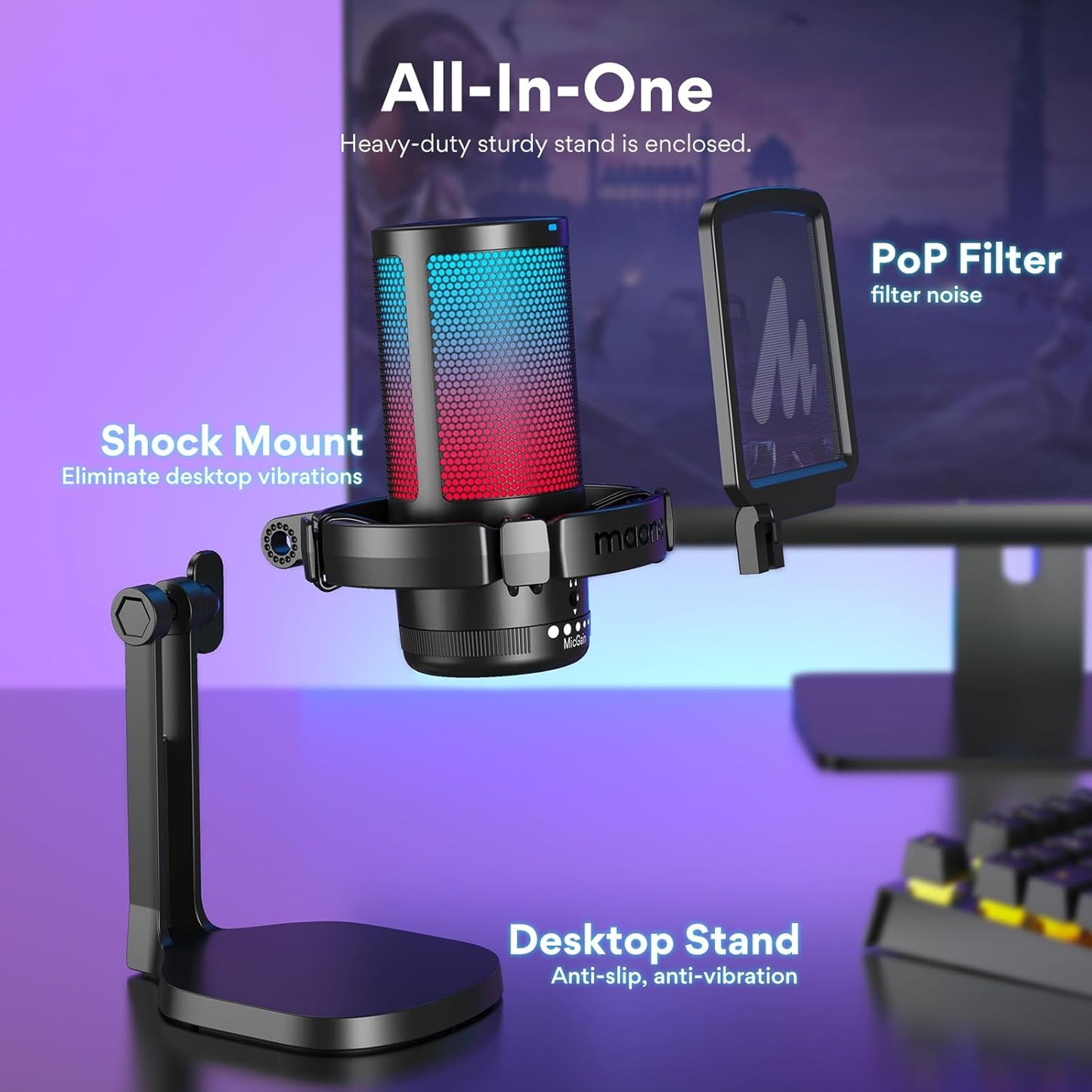 USB Gaming Microphone for PC, Noise Cancellation Condenser Mic with RGB Lights, Mute, Gain for Streaming, Recording, Podcast, Chat, Twitch, Youtube, Discord, Computer, PS5, PS4, Gamerwave