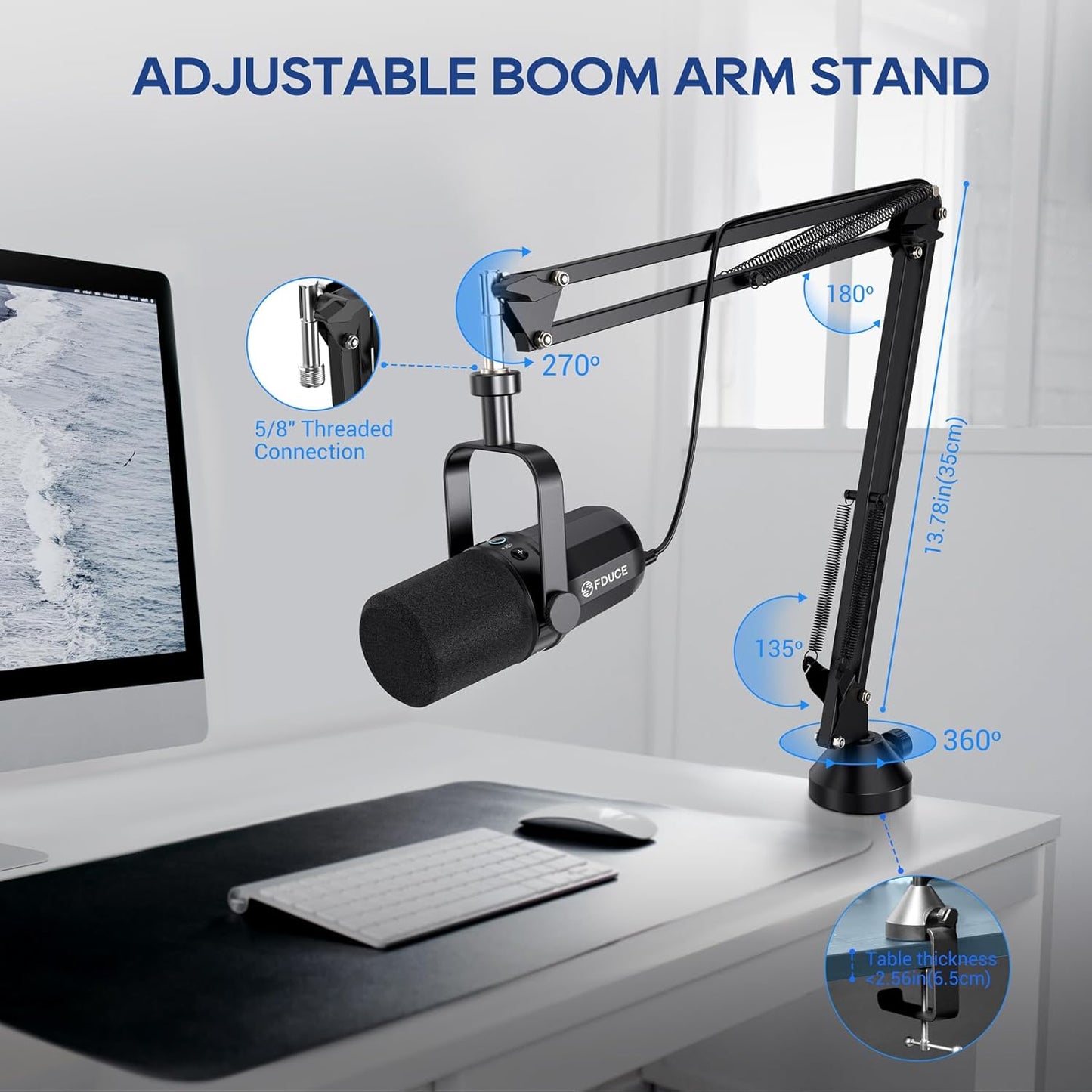 Dynamic Microphone, XLR/USB Podcast Recording PC Microphone for Vocal Voice-Over Streaming, Studio Metal Mic with Mute, Headphone Jack, Monitoring Volume Control, with Boom Arm (SL40+)