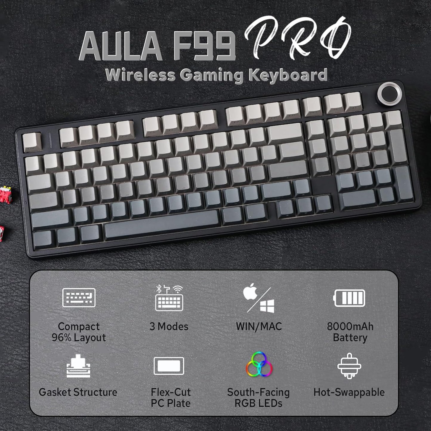 Aula F99 PRO 96% Mechanical Gaming Keyboard, Bt5.0/Usb-C/2.4Ghz Wireless, Hot Swappable Gasket Custom Keyboard with 8000Mah Battery, Rotary Knob, RGB Backlit for Win/Mac (Grey)