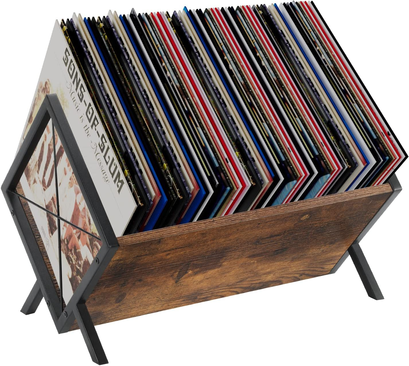 Vinyl Record Holder, 80-100 LP Vinyl Record Storage Rack, Quick Assembly Vinyl Record Display, Retro Style Organizer for Magazine, Book, Files, Albums (Rustic Brown, 1 Tier)
