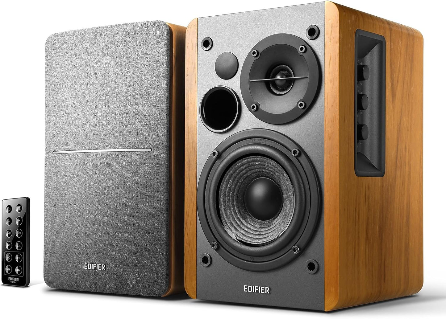 R1280DB Powered Bluetooth Bookshelf Speakers - Optical Input - Wireless Studio Monitors - 4 Inch near Field Speaker - 42W RMS - Wood Grain