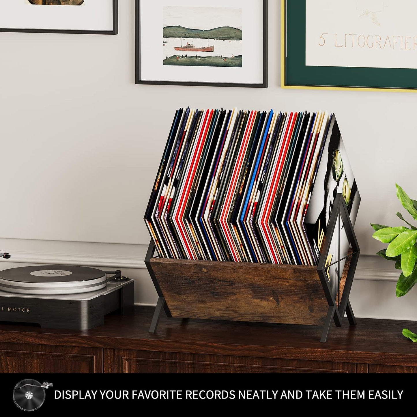 Vinyl Record Holder, 80-100 LP Vinyl Record Storage Rack, Quick Assembly Vinyl Record Display, Retro Style Organizer for Magazine, Book, Files, Albums (Rustic Brown, 1 Tier)