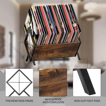 Vinyl Record Holder, 80-100 LP Vinyl Record Storage Rack, Quick Assembly Vinyl Record Display, Retro Style Organizer for Magazine, Book, Files, Albums (Rustic Brown, 1 Tier)