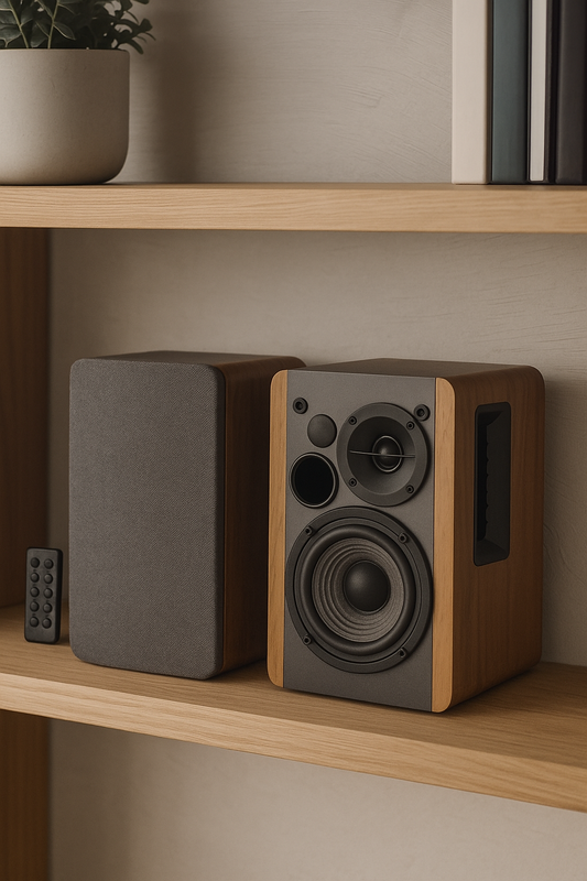 R1280DB Powered Bluetooth Bookshelf Speakers - Optical Input - Wireless Studio Monitors - 4 Inch near Field Speaker - 42W RMS - Wood Grain