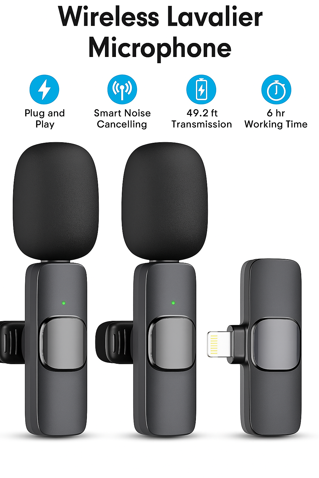 2 Pack Wireless Lavalier Microphone for Iphone Ipad, Lapel Mics Plug-Play 2.4G Ultra-Low Delay Built-In Noise Reduction Chip 8H Working Time for Video Recording Interview Podcast Vlog Youtube
