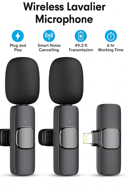 2 Pack Wireless Lavalier Microphone for Iphone Ipad, Lapel Mics Plug-Play 2.4G Ultra-Low Delay Built-In Noise Reduction Chip 8H Working Time for Video Recording Interview Podcast Vlog Youtube
