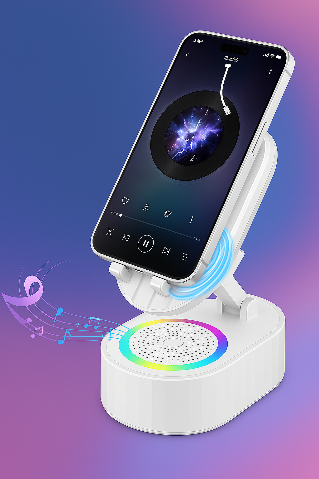 Wireless Induction Audio Bluetooth Speaker 5In1 Phone Holder Emergency Rechargeable (3000Mah) with Colorful Ambient Light 300° Foldable for Tablet Iphone Android, Gifts for Men Women (White)