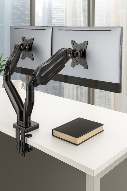 Dual Monitor Stand - Full Adjustable Monitor Desk Mount Swivel Vesa Bracket with C Clamp, Grommet Mounting Base for 13 to 32 Inch Computer Screens - Each Arm Holds 4.4 to 19.8Lbs