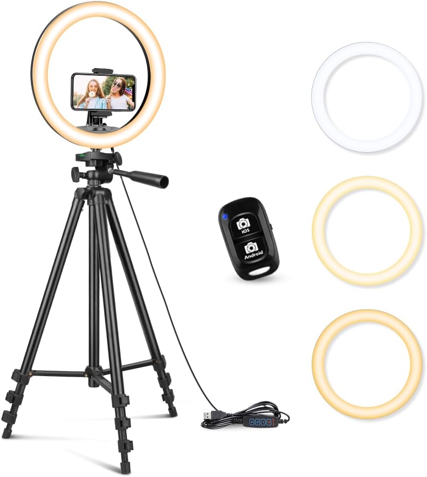 10'' Ring Light with 50'' Extendable Tripod Stand, LED Circle Lights with Phone Holder for Live Stream/Makeup/Youtube Video/Tiktok, Compatible with All Phones