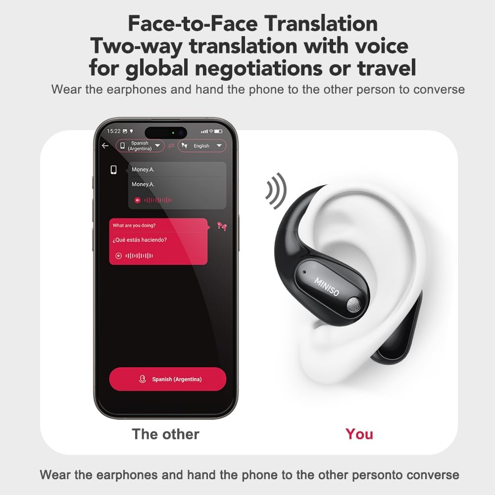 MS190 AI Translation Earbuds Real Time, 135 Language Translator Earbuds with APP, Open Ear OWS Translating Headphones, Audifonos Traductores Inglés Espanol Fit Ios and Android