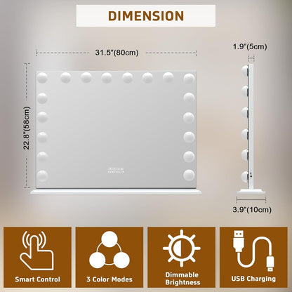Vanity Mirror with Lights 32''X23'' Tempered Glass Large Hollywood Mirror with 18 Dimmable Bulbs for Makeup Table/Hanging Bluetooth Speaker Mirror with Touch Screen & USB Charge Port