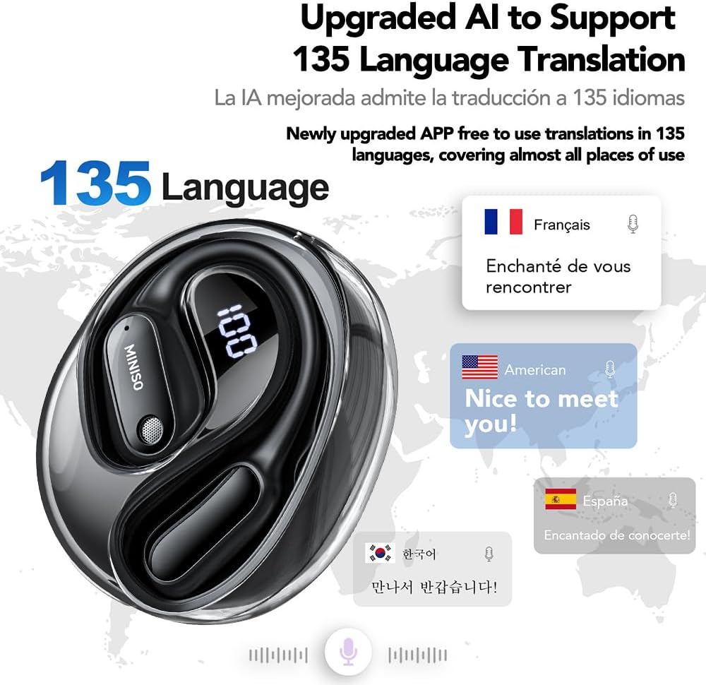 MS190 AI Translation Earbuds Real Time, 135 Language Translator Earbuds with APP, Open Ear OWS Translating Headphones, Audifonos Traductores Inglés Espanol Fit Ios and Android