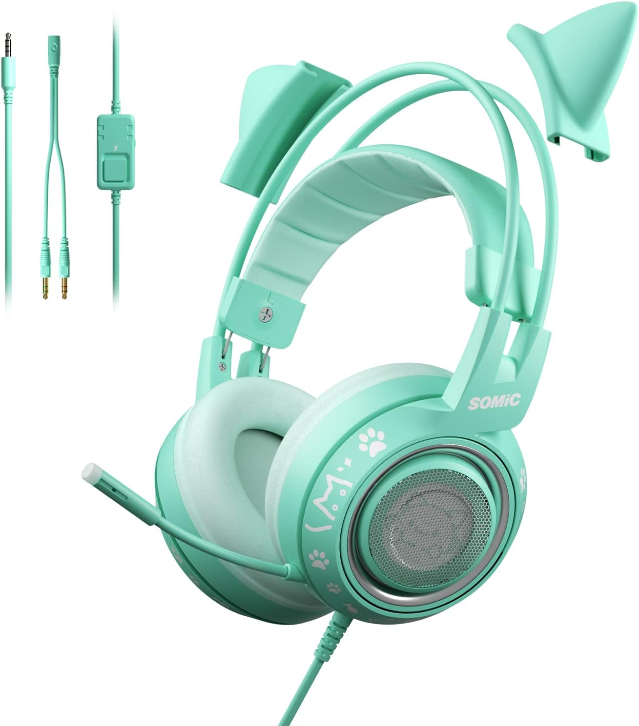 G951S Pink Stereo Gaming Headset with Mic for PS4, Xbox One, PC, Mobile Phone, 3.5MM Sound Detachable Cat Ear Headphones Lightweight Self-Adjusting over Ear Headphones for Women