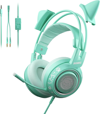 G951S Pink Stereo Gaming Headset with Mic for PS4, Xbox One, PC, Mobile Phone, 3.5MM Sound Detachable Cat Ear Headphones Lightweight Self-Adjusting over Ear Headphones for Women