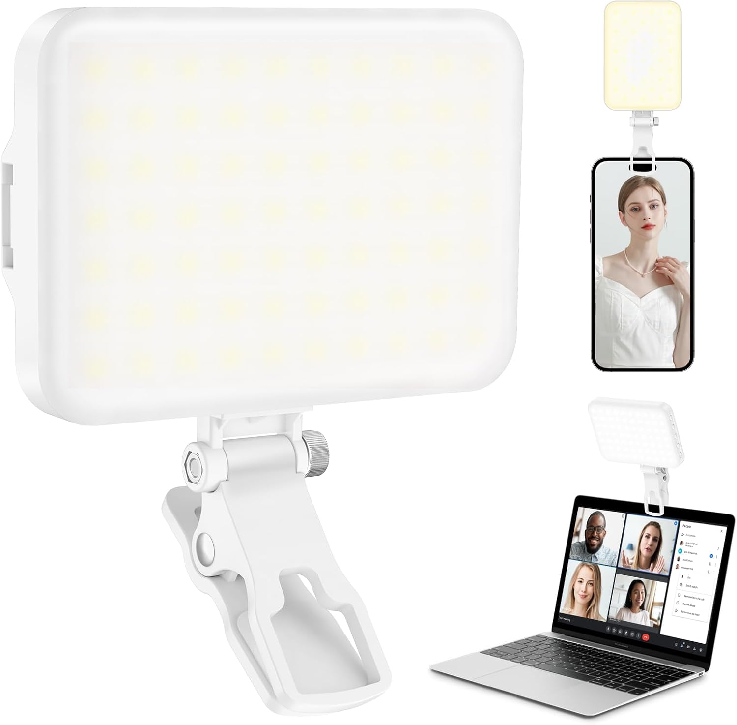 60 LED Portable Selfie Light Video Conference Lighting with Clip & Camera Tripod Adapter Rechargeable 2200Mah CRI 97+, 3 Light Modes for Phone Iphone Webcam Laptop Photo Makeup