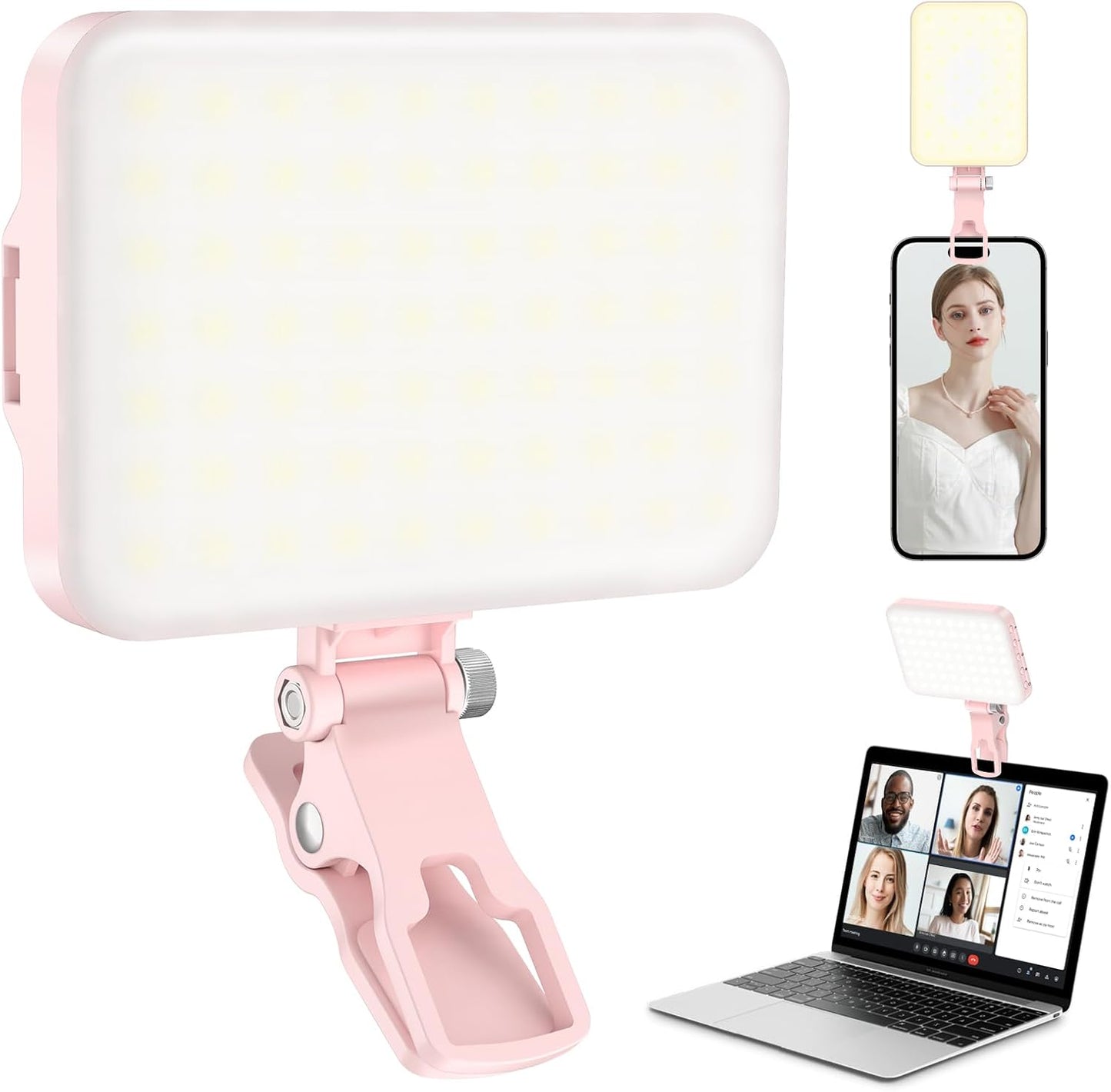 60 LED Portable Selfie Light Video Conference Lighting with Clip & Camera Tripod Adapter Rechargeable 2200Mah CRI 97+, 3 Light Modes for Phone Iphone Webcam Laptop Photo Makeup