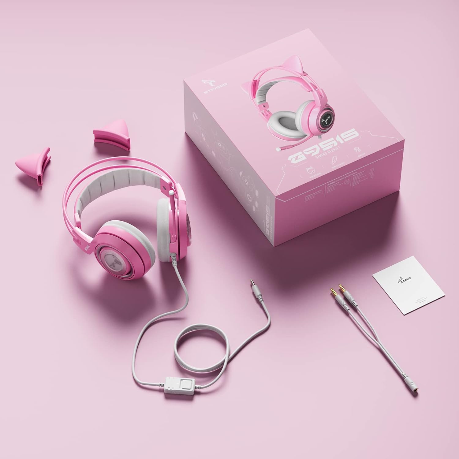 G951S Pink Stereo Gaming Headset with Mic for PS4, Xbox One, PC, Mobile Phone, 3.5MM Sound Detachable Cat Ear Headphones Lightweight Self-Adjusting over Ear Headphones for Women