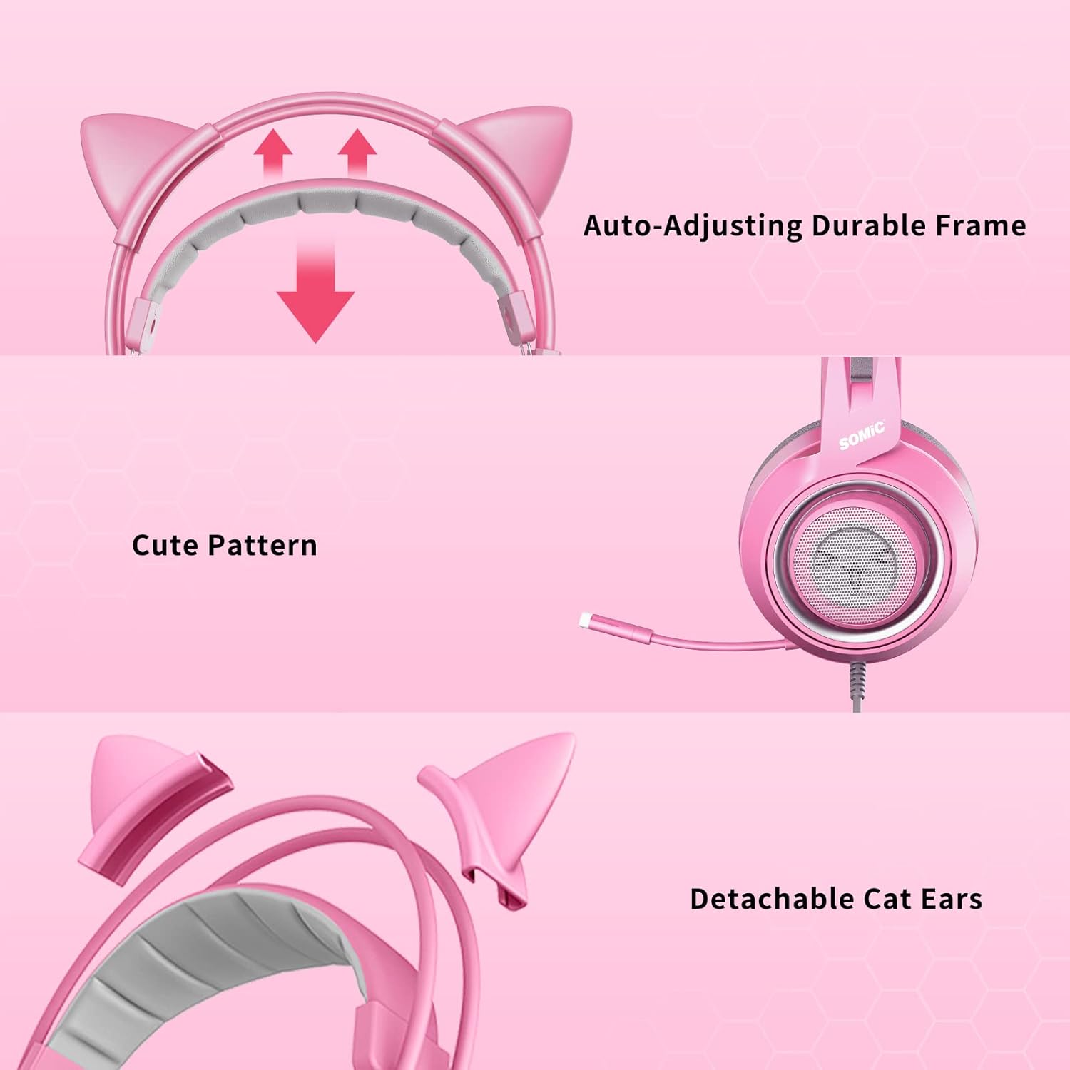 G951S Pink Stereo Gaming Headset with Mic for PS4, Xbox One, PC, Mobile Phone, 3.5MM Sound Detachable Cat Ear Headphones Lightweight Self-Adjusting over Ear Headphones for Women