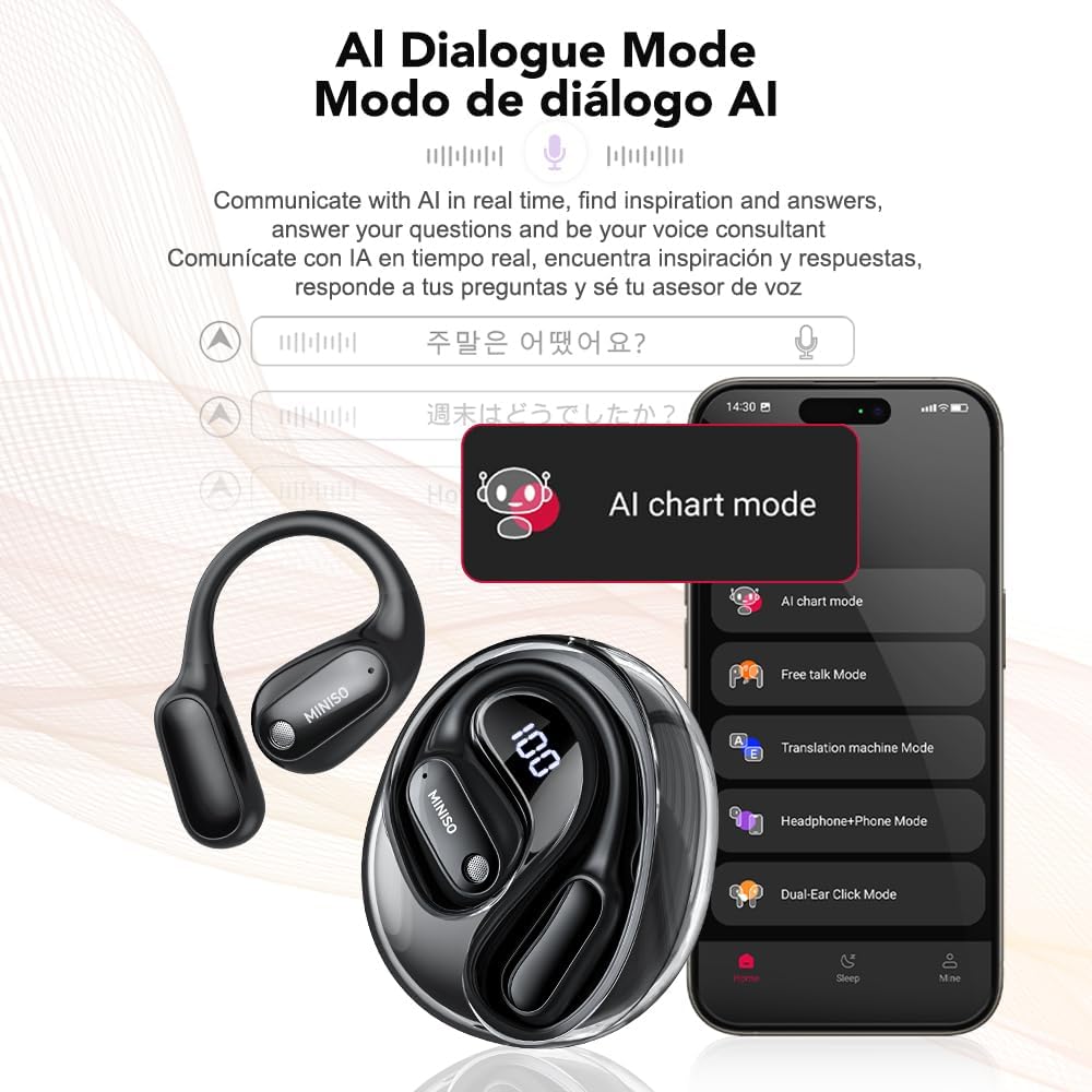 MS190 AI Translation Earbuds Real Time, 135 Language Translator Earbuds with APP, Open Ear OWS Translating Headphones, Audifonos Traductores Inglés Espanol Fit Ios and Android