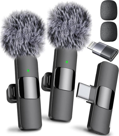 (Latest Model) - Wireless Mini Microphone for Iphone, Ipad, Android - 2 Pack Lavalier Microphone for Video Recording - Iphone Mic Crystal Clear Recording with USB-C for Content Creators