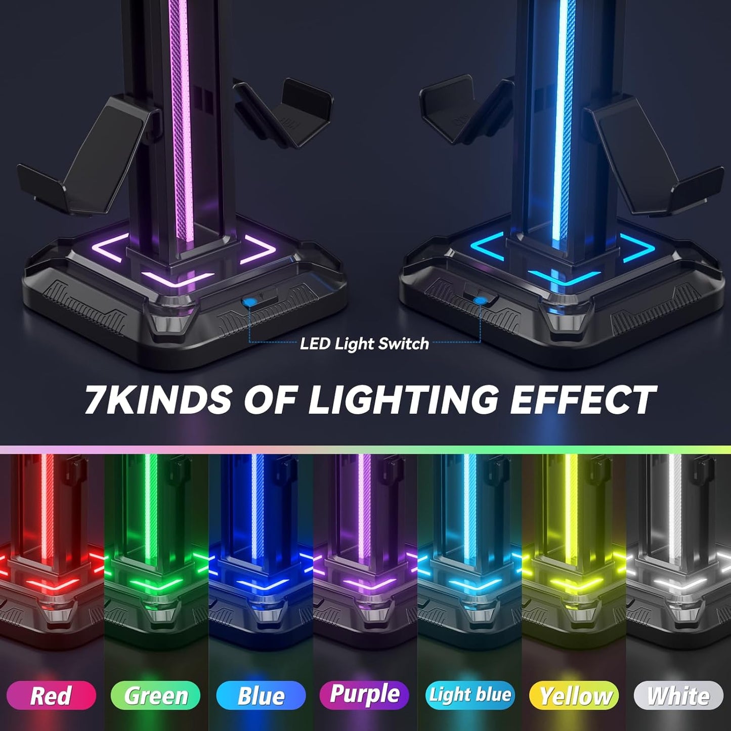 Headset Stand with 9 Light Modes - Detachable Controller Holder for Desk - Rotatable Headphone Stand & Controller Hook Hanger for PC Earphone Gaming Accessories