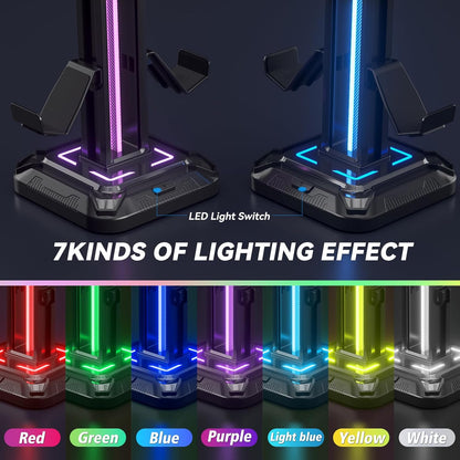 Headset Stand with 9 Light Modes - Detachable Controller Holder for Desk - Rotatable Headphone Stand & Controller Hook Hanger for PC Earphone Gaming Accessories