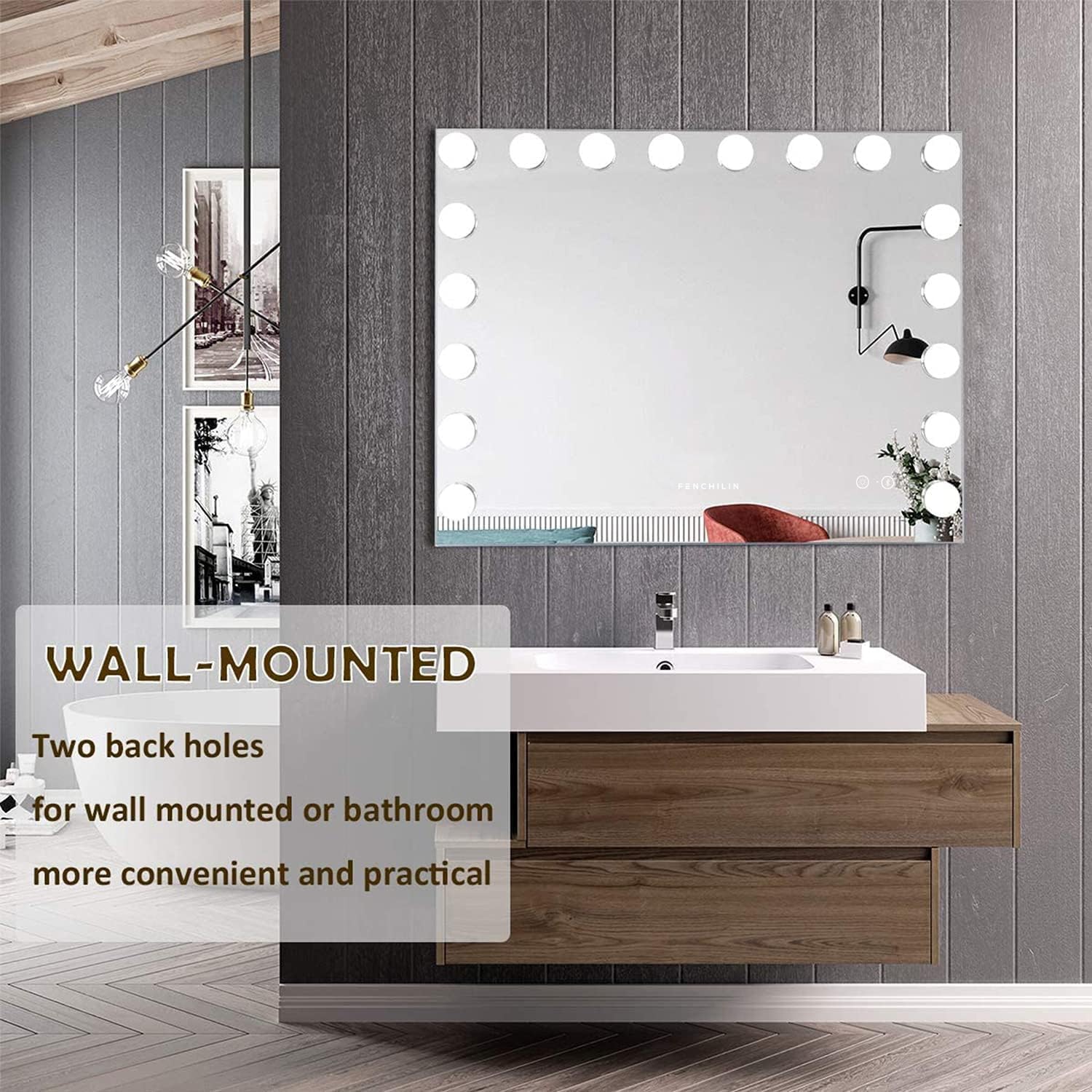 Vanity Mirror with Lights 32''X23'' Tempered Glass Large Hollywood Mirror with 18 Dimmable Bulbs for Makeup Table/Hanging Bluetooth Speaker Mirror with Touch Screen & USB Charge Port