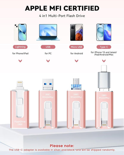 Mfi Certified 256GB Flash Drive for Iphone Ipad, Photo Stick for External Memory Storage, Easily Back up and save Photos, USB Memory Stick Thumb Drive for Iphone/Ipad/Android/Pc (Light Pink, 256GB)
