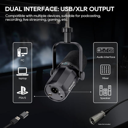 Dynamic Microphone, XLR/USB Podcast Recording PC Microphone for Vocal Voice-Over Streaming, Studio Metal Mic with Mute, Headphone Jack, Monitoring Volume Control, with Boom Arm (SL40+)