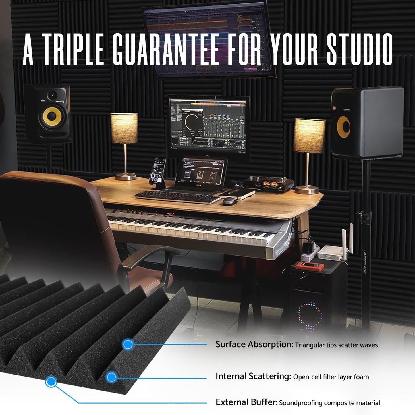Knightsacoustic 52 Pack Acoustic Foam Panels 1 X 12 X 12 Inches Sound Proof Foam Panels for Walls High Density Studio Wedge Soundproof Wall Panels Sound Proofing Acoustic Panels1
