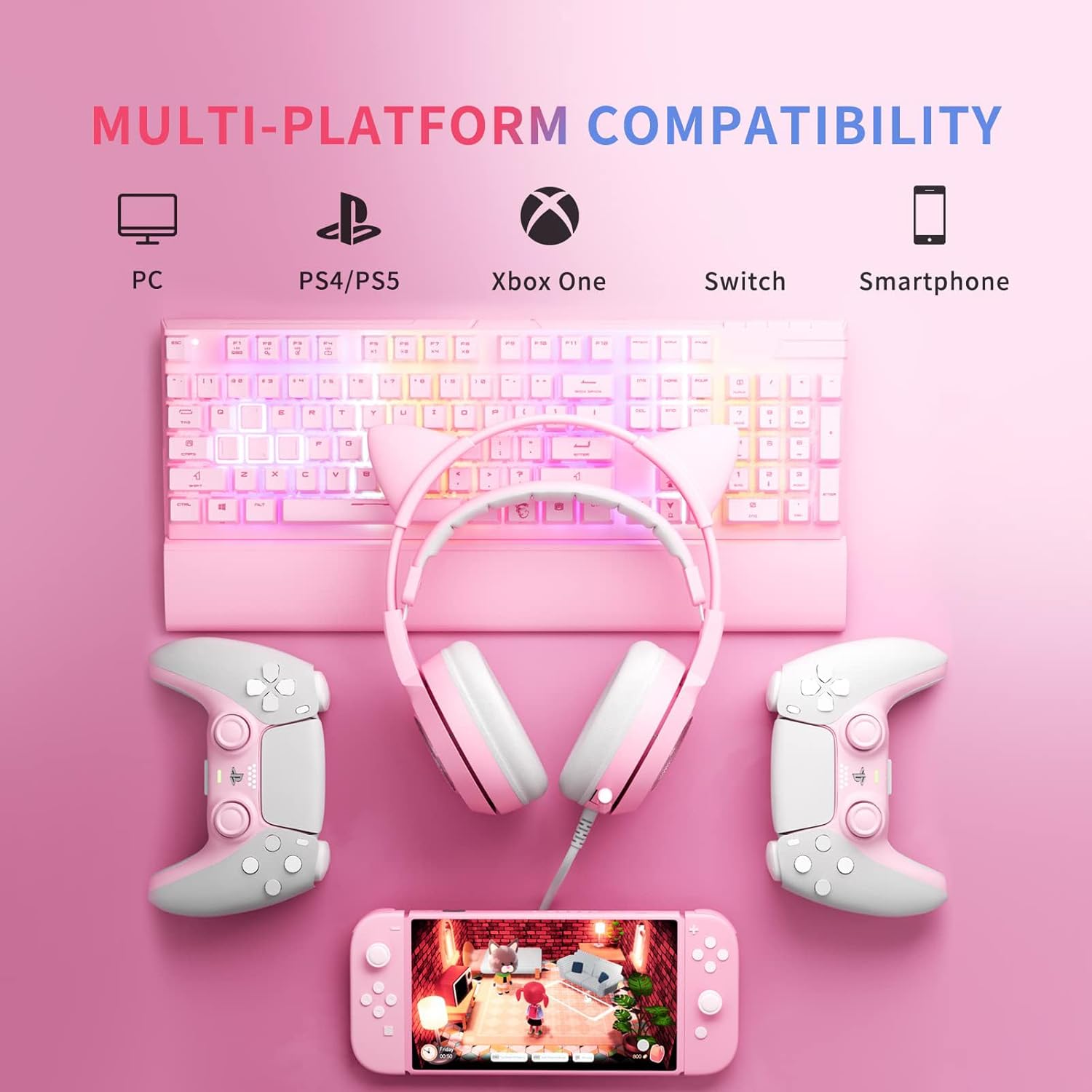 G951S Pink Stereo Gaming Headset with Mic for PS4, Xbox One, PC, Mobile Phone, 3.5MM Sound Detachable Cat Ear Headphones Lightweight Self-Adjusting over Ear Headphones for Women