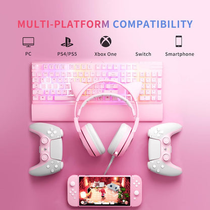 G951S Pink Stereo Gaming Headset with Mic for PS4, Xbox One, PC, Mobile Phone, 3.5MM Sound Detachable Cat Ear Headphones Lightweight Self-Adjusting over Ear Headphones for Women